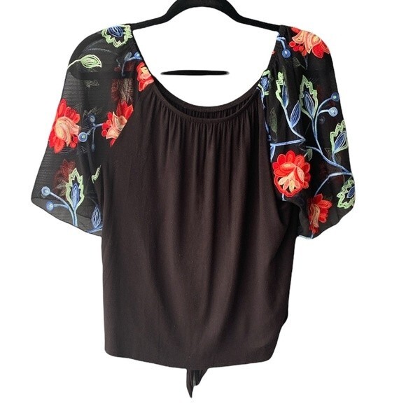 Kim & Cami Black Floral Sleeve Tie T-Shirt Blouse Size L - Picture 2 of 5